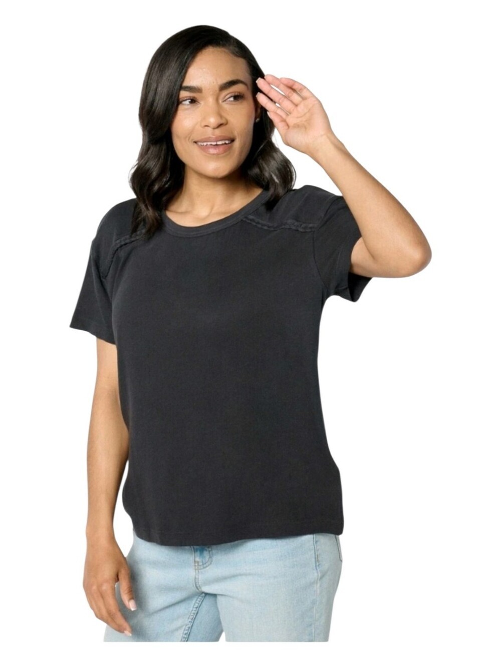 Peace Love World Womens Black Boheme Braided Crewneck Short Sleeve Top Medium